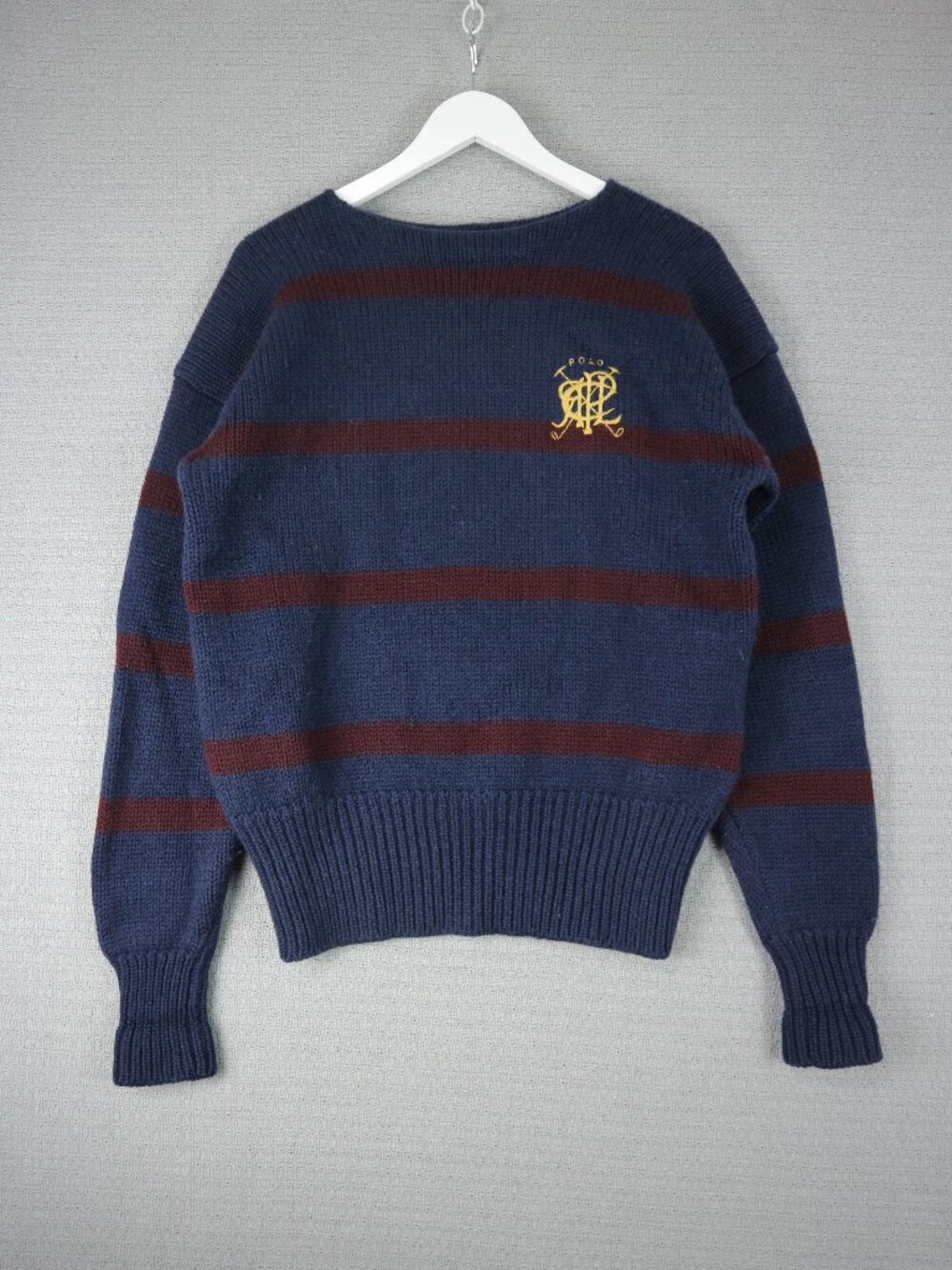 Polo Ralph Lauren Wool Sweater Blue Red Striped Gold Insignia Vintage Men Medium